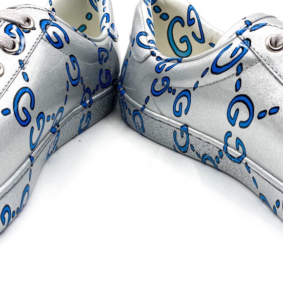 GUCCI Ace GG Coated Leather Sneakers Silver Mens - Picture 9 of 14